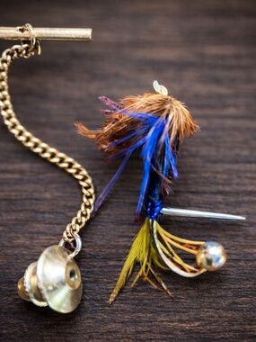 Vintage Fly Fishing Lure Tie Tack – Hand Tied Trout Fly Tie Tac w/ Chain – Angle